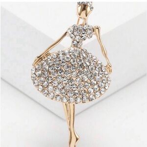 Gold Ballet Dancer Crystal Brooch - Clear Rhinestones